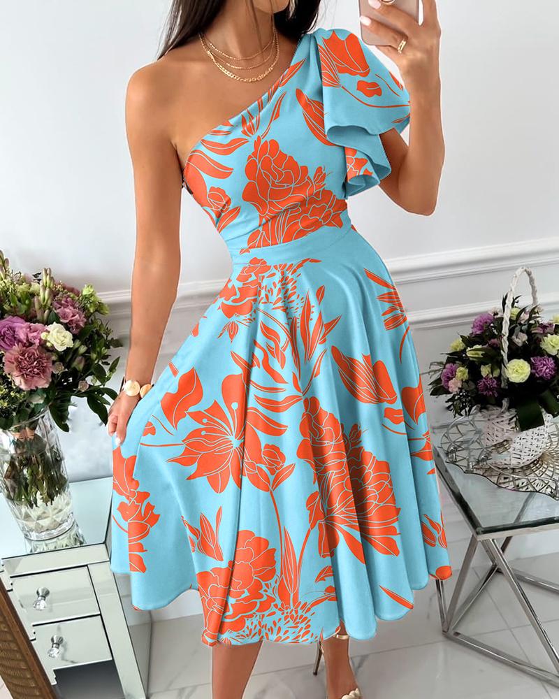 

One Shoulder Flutter Sleeve Plants Print Dress, Multicolor