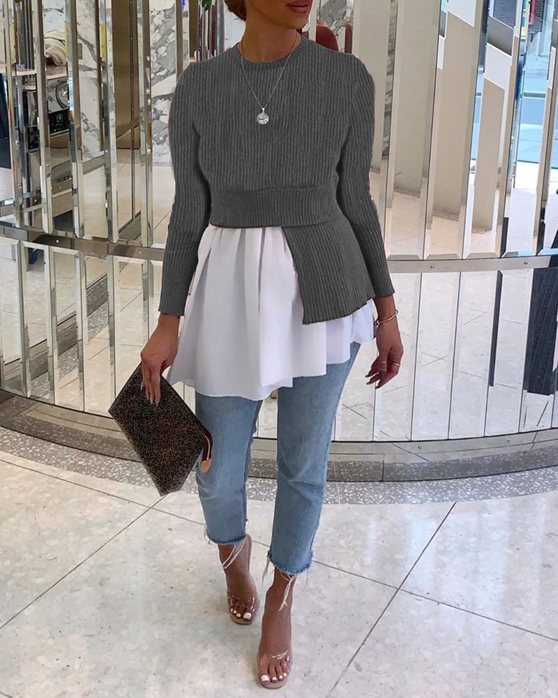 

Colorblock Ruffles Long Sleeve Blouse, Gray
