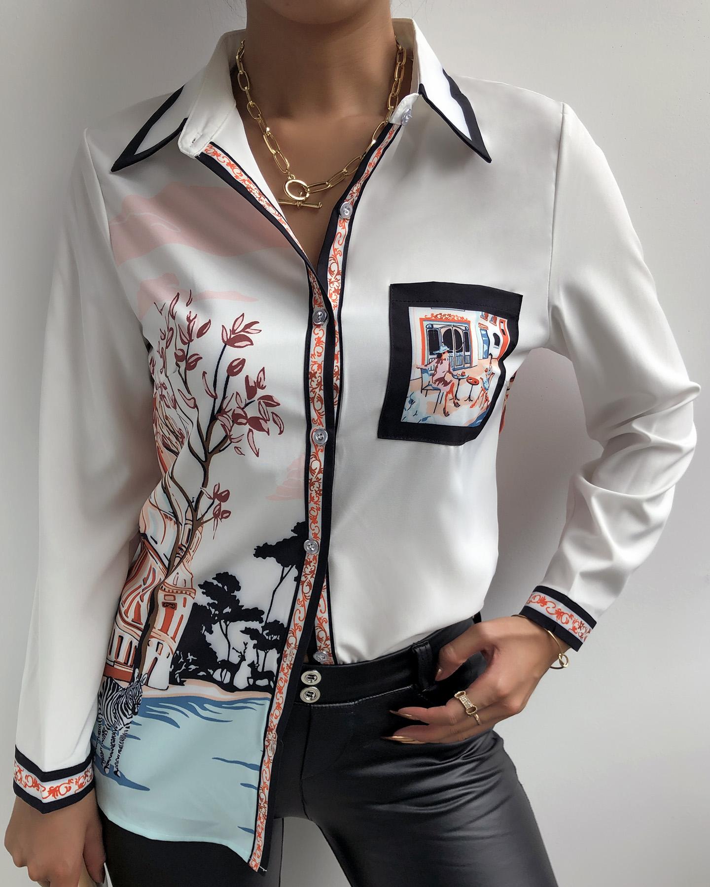 

Landscape Print Button Design Long Sleeve Shirt, White