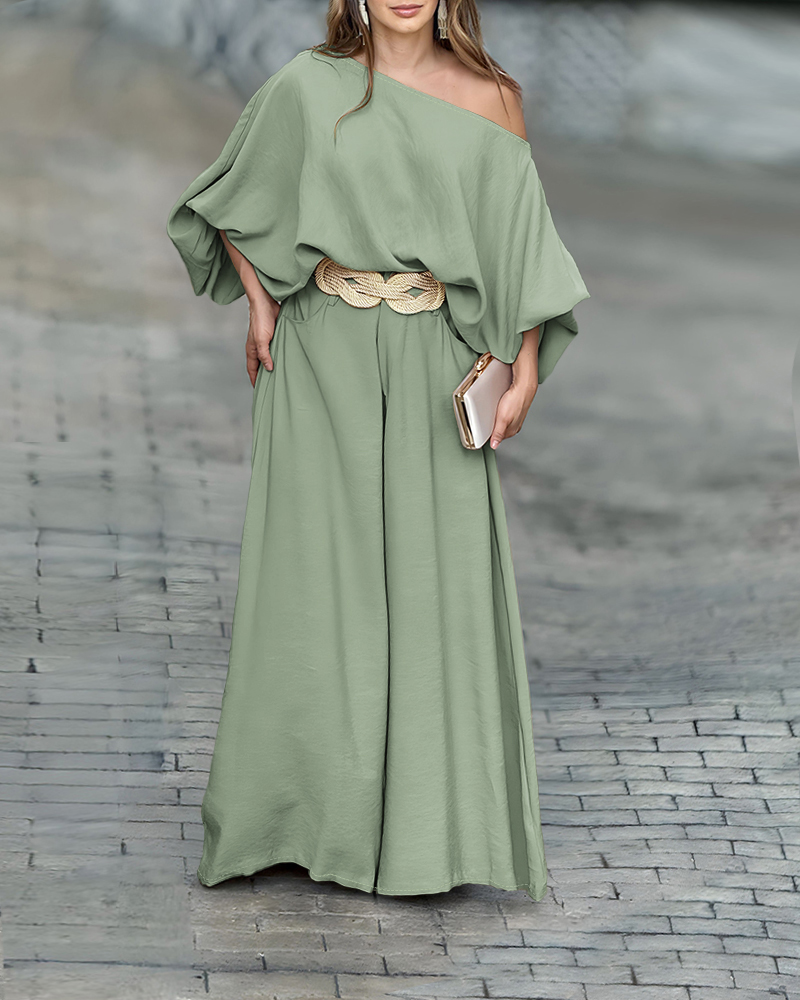 

Skew Neck Lantern Sleeve Top & Wide Leg Pants Set, Green