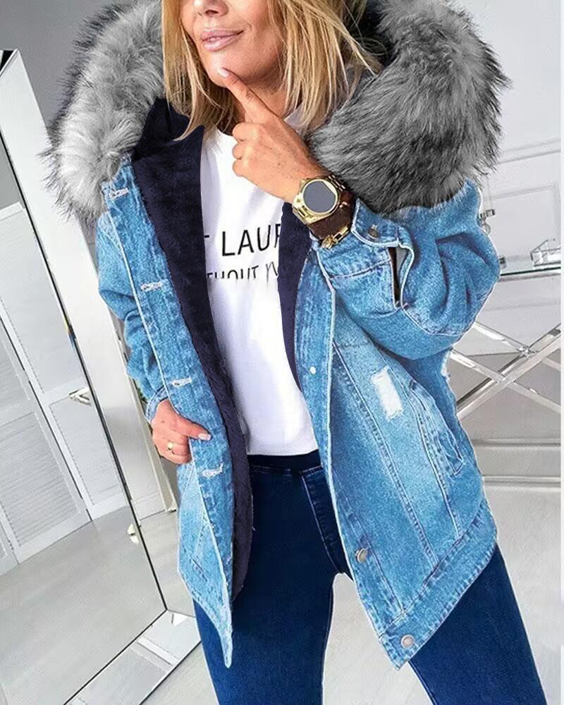 

Women's Parka Daily Fall Winter Denim Coat Long Sleeve Solid Color Pocket Hooded Loose Streetwear Jacket, Lighted blue