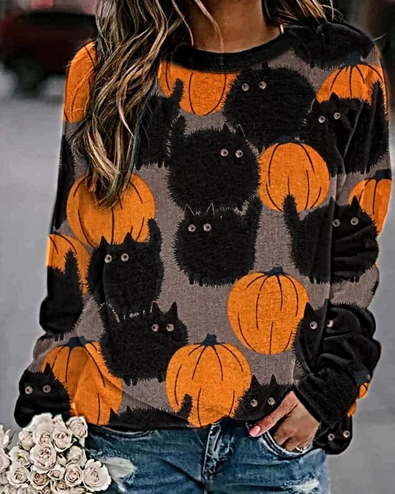 

Halloween Pumpkin Cat Print Colorblock Sweatshirt, Yellow