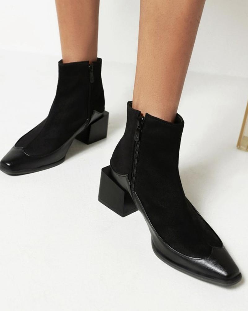 

Womens Square Toe Chunky Heel Patchwork Ankle Boots, Black