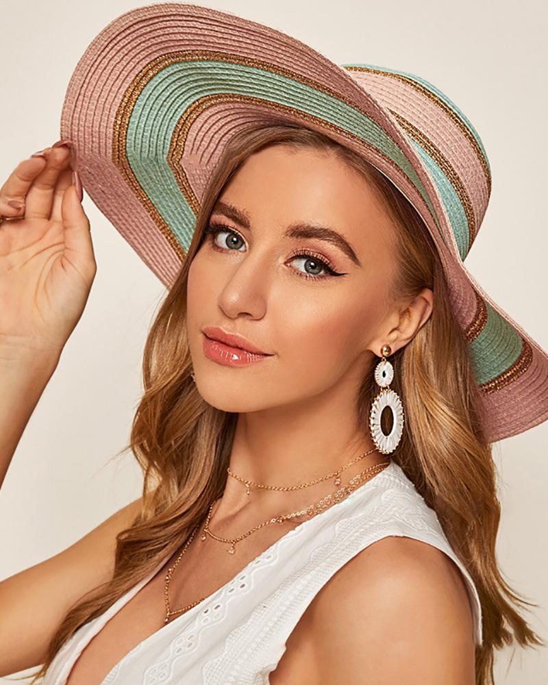 

Striped Colorblock Wide Brim Straw Hat, Pink