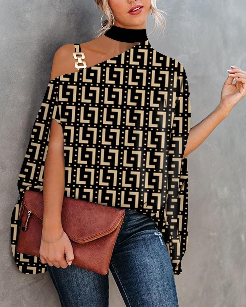 

Geometric Print Chain Strap Cold Shoulder Top, Khaki