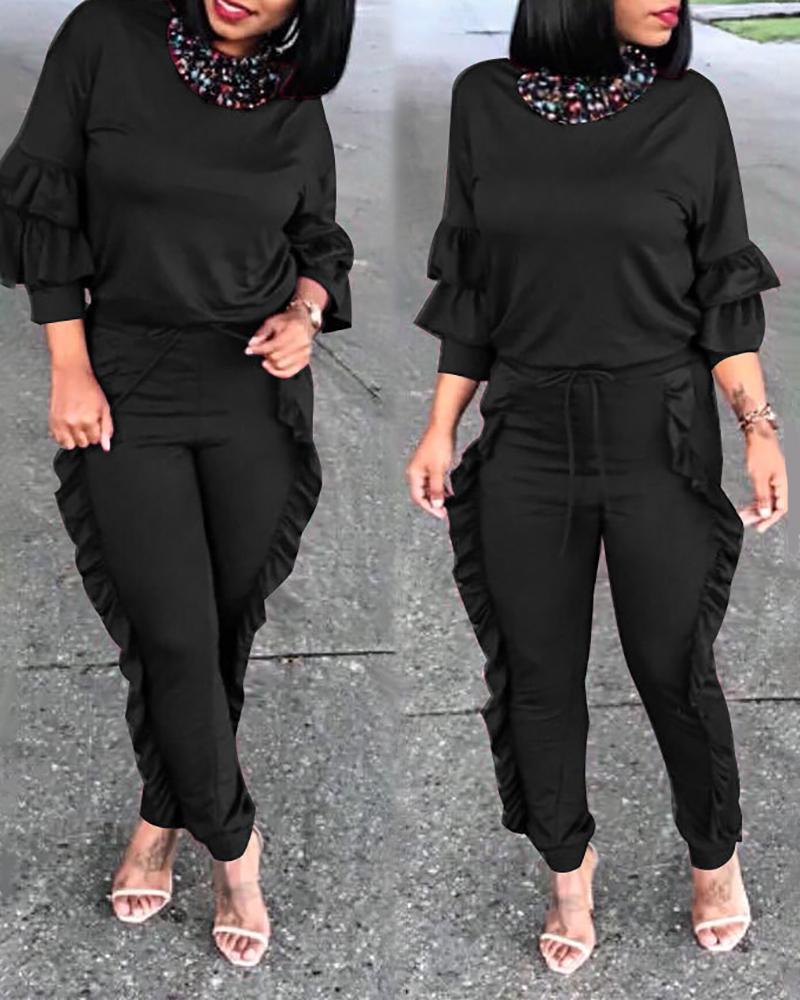 

Layered Ruffles Sleeve Top & Drawstring Frill Hem Pants Set, Black