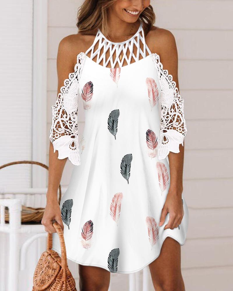 

Feather Print Cold Shoulder Contrast Lace Casual Dress, White