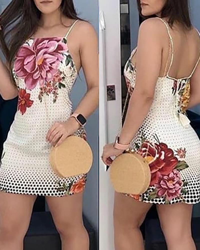 

Spaghetti Strap Floral Print Bodycon Dress, White