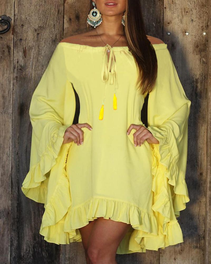 

Off Shoulder Ruffles Bell Sleeve Casual Dress, Light yellow