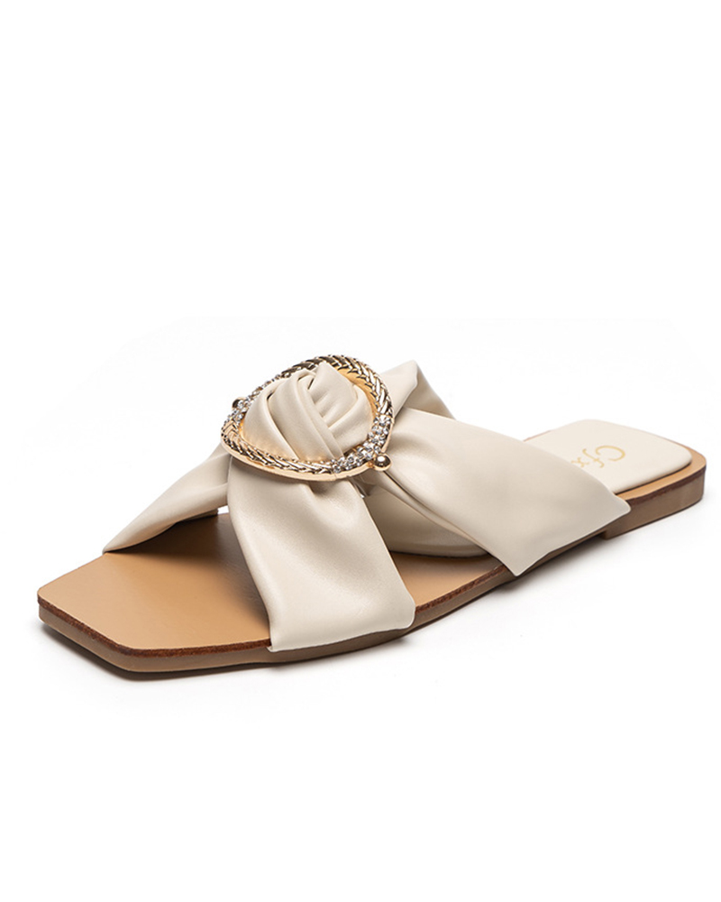 

Square Toe Casual Cross Strap Flat Slippers, Apricot