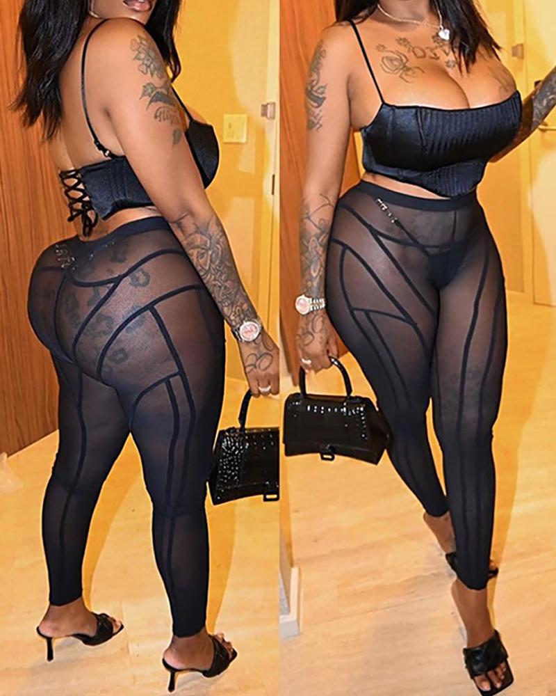 

Spaghetti Strap Strappy Back Top & Sheer Mesh Pants Set, Black