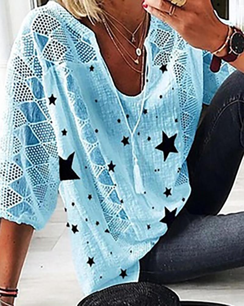 

Star Print Tassel Design Hollow Out Top, Blue