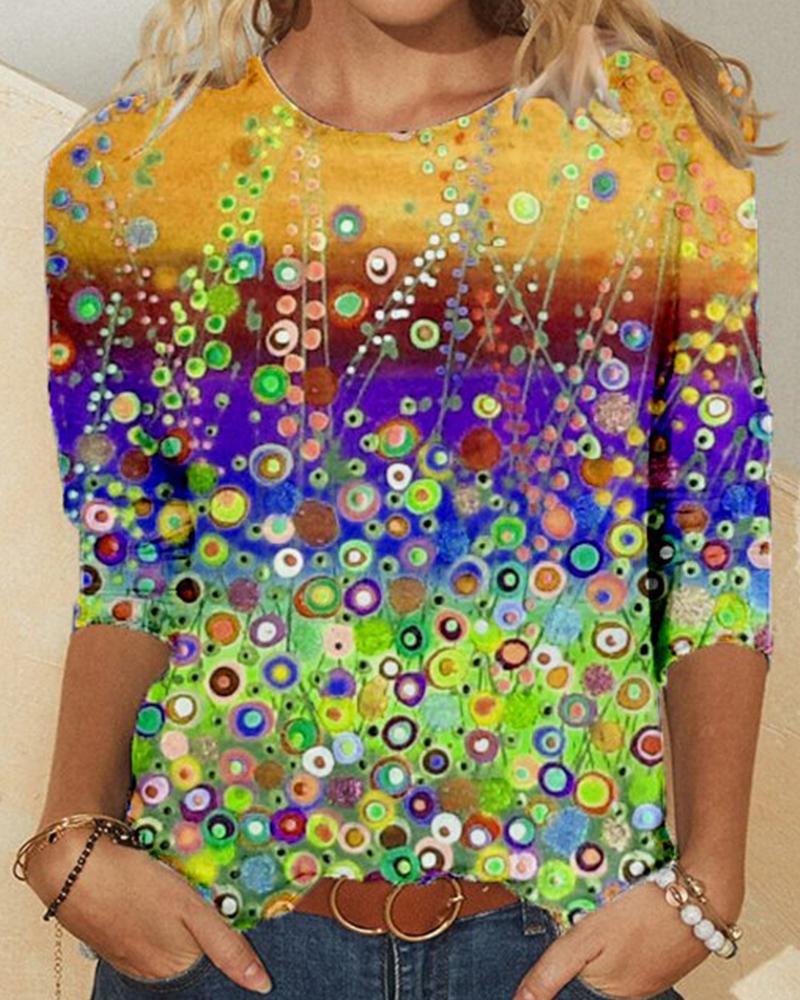 

Multicolor Flower Print Long Sleeve Loose T-shirts, Style3