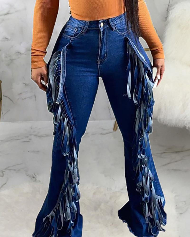 

Buttoned Tassel Design Bootcut Denim Pants, Blue