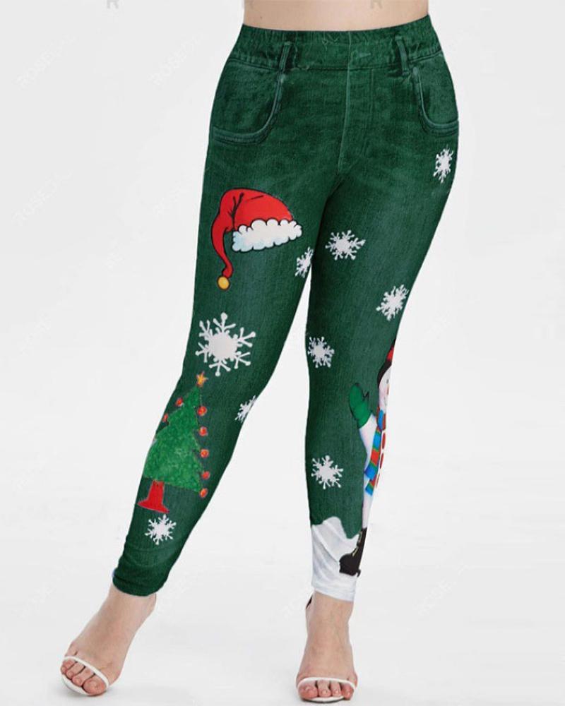 

Christmas Denim Look Print Leggings, Green