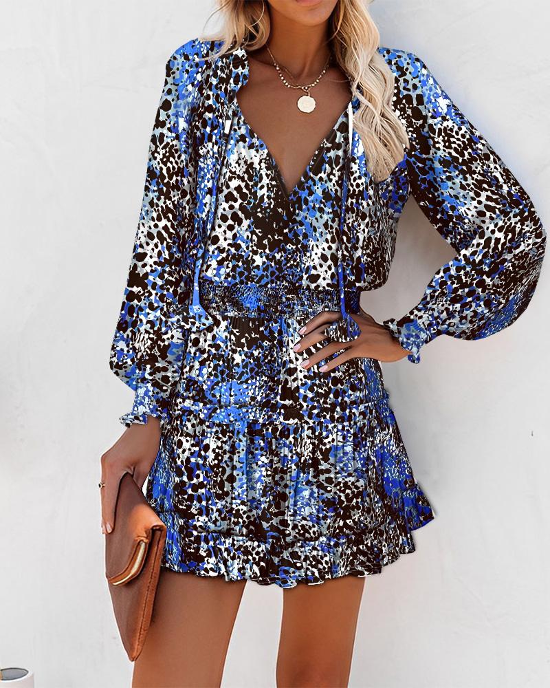 

Leopard Print Ruffles Long Sleeve Dress, Blue