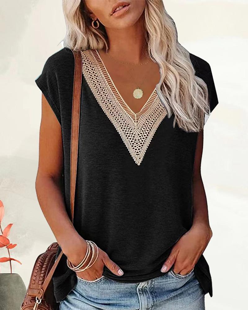 

Cap Sleeve Contrast Lace Top, Black