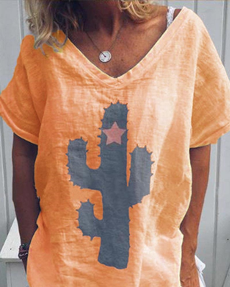

cactus style V-Neck T-shirt, Orange;pink