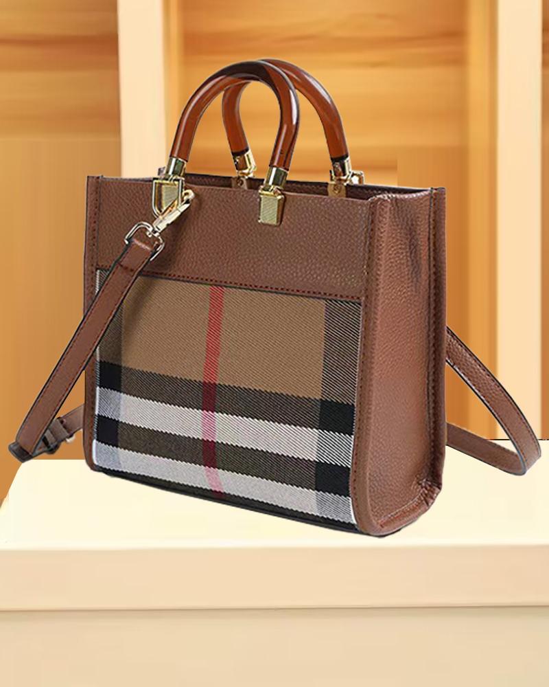

Plaid Large Capacity Top Handle Crossbody Tote Bag, Brown