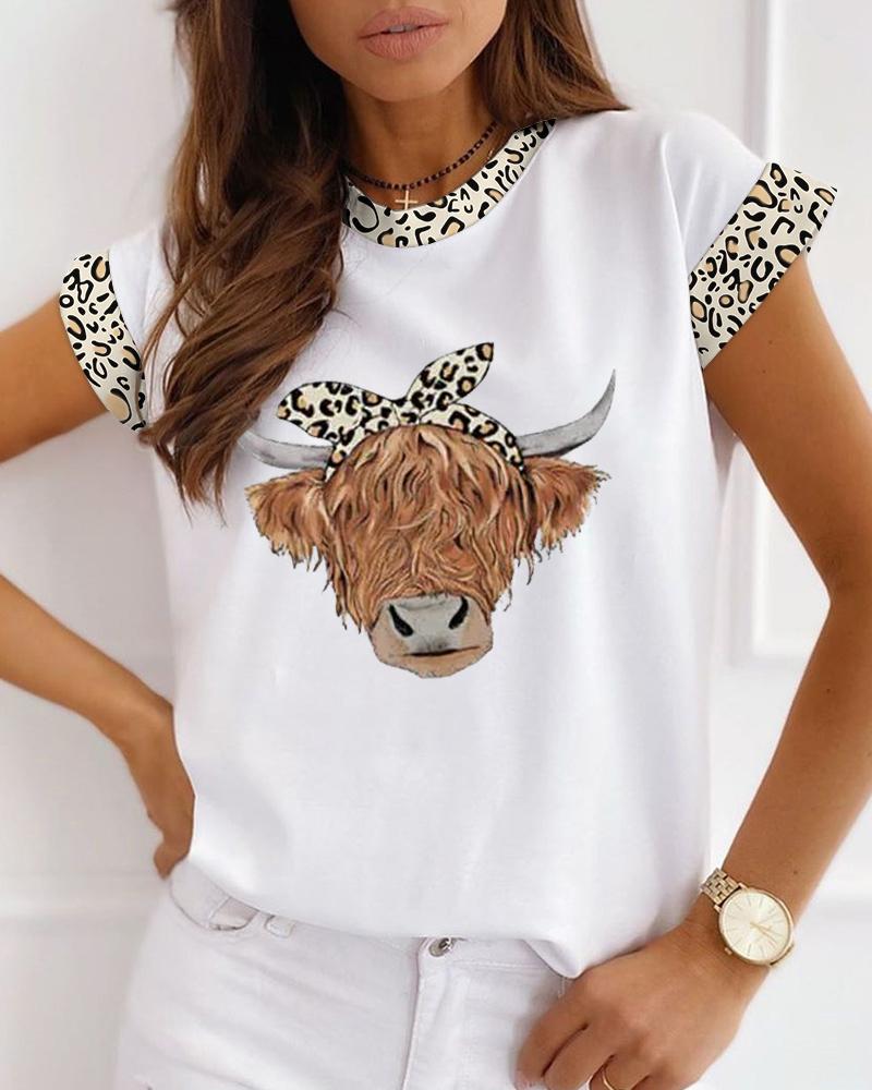 

Leopard Highland Cattle Print Casual T-shirt, White