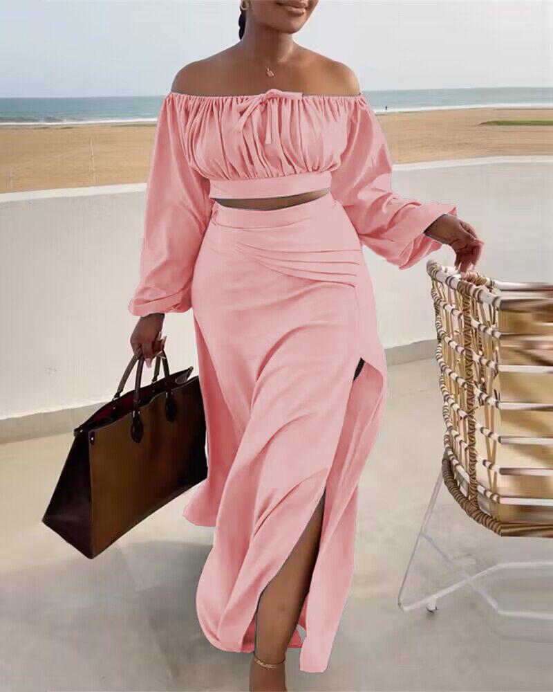 

Ruched Lantern Sleeve Top & Slit Skirt Set, Pink