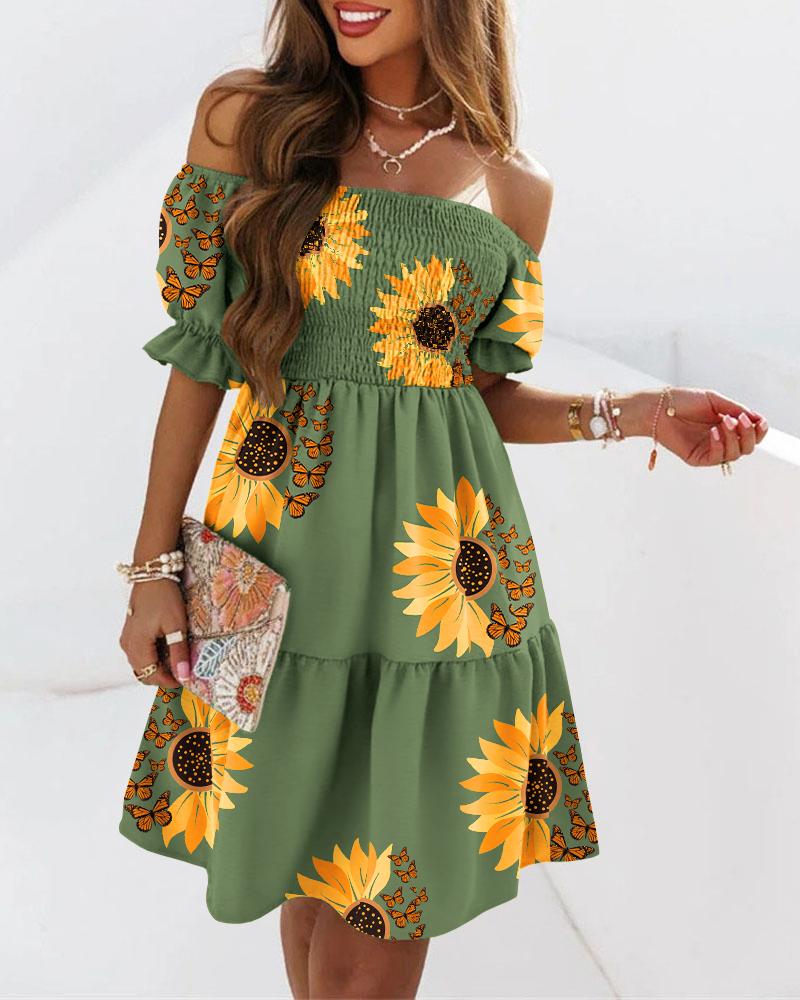 

Sunflower Butterfly Print Off Shoulder Swing Dress, Green