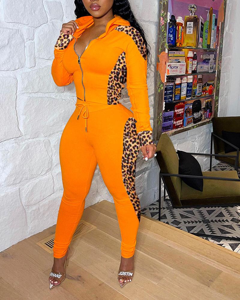 

Leopard Patch Zip Up Hooded Top & Drawstring Pants Set, Orange