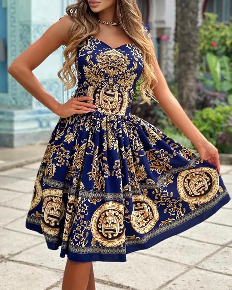 

Spaghetti Strap Baroque Print Dress, Blue