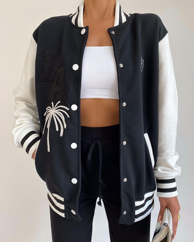 

Tree Pattern Striped Print Buttoned Baseball Jacket, Black