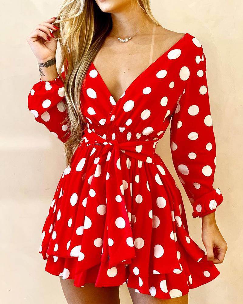 

V-Neck Polka Dot Long Sleeve Dress, Red