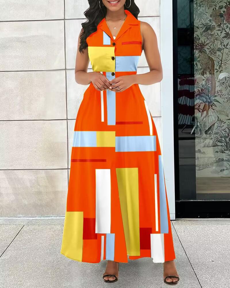 

Geometric Print Buttoned Maxi Dress, Orange