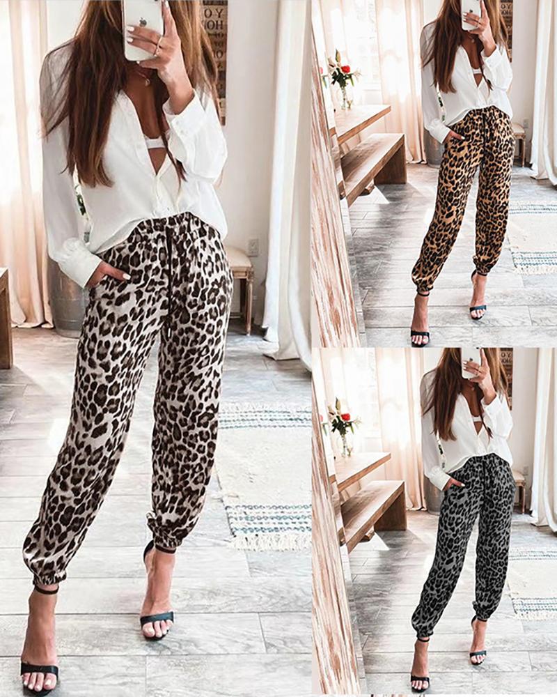 

Cheetah Print High Waist Cuffed Pants, Yellow