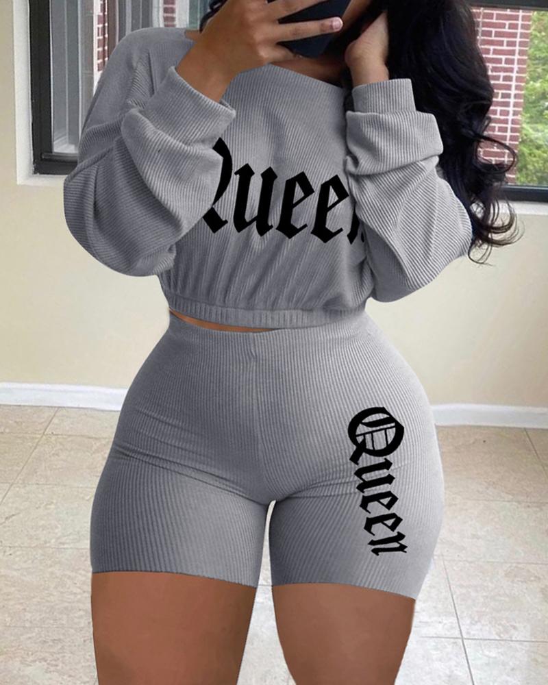

Letter Embroidery Ribbed Crop Top & Shorts Set, Gray
