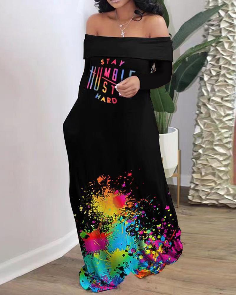 

Plus Size Letter Ink Splash Print Off Shoulder Maxi Dress, Black