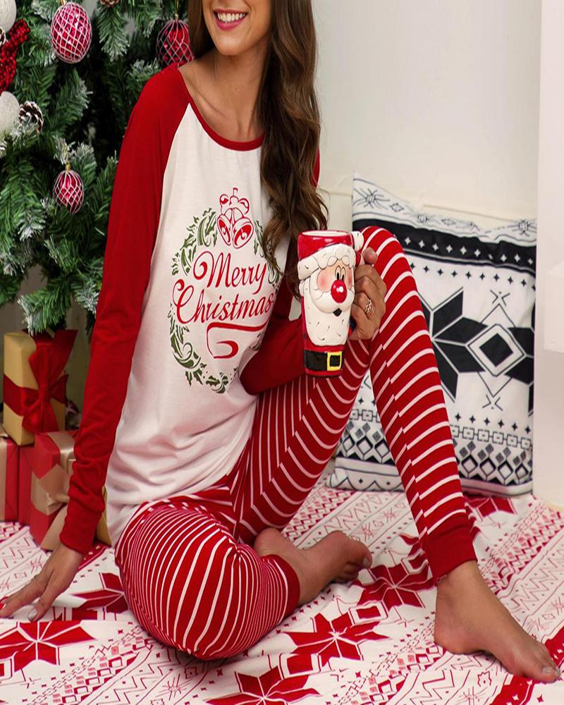 

Christmas Letter Striped Print Pajamas Set, Red