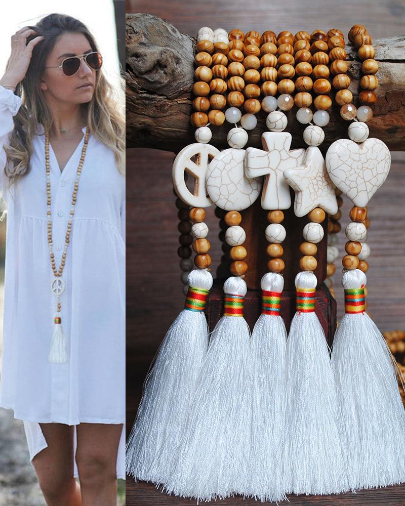 

1pc Bohemian Beaded Tassel Design Turquoise Pendant Necklace, Style1