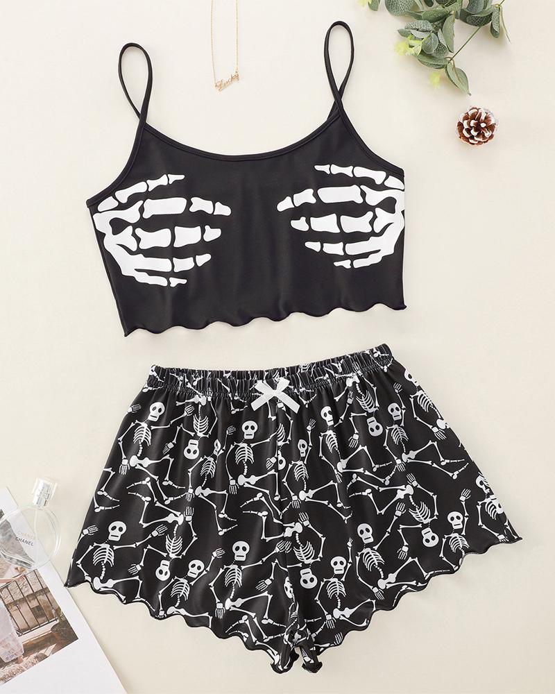 

Skeleton Print Bow Decor Cami Set, Black