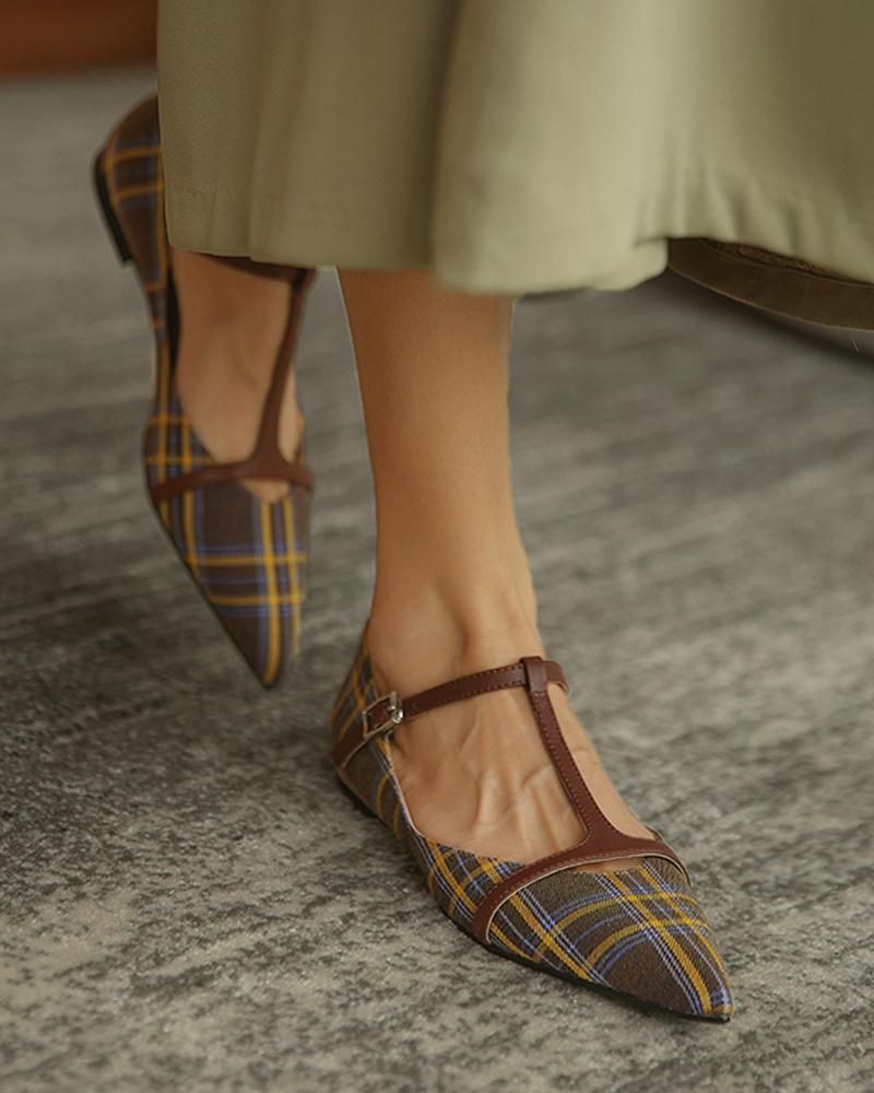 

Plaid Print Cutout Buckled Pointed Toe Flats, Brown