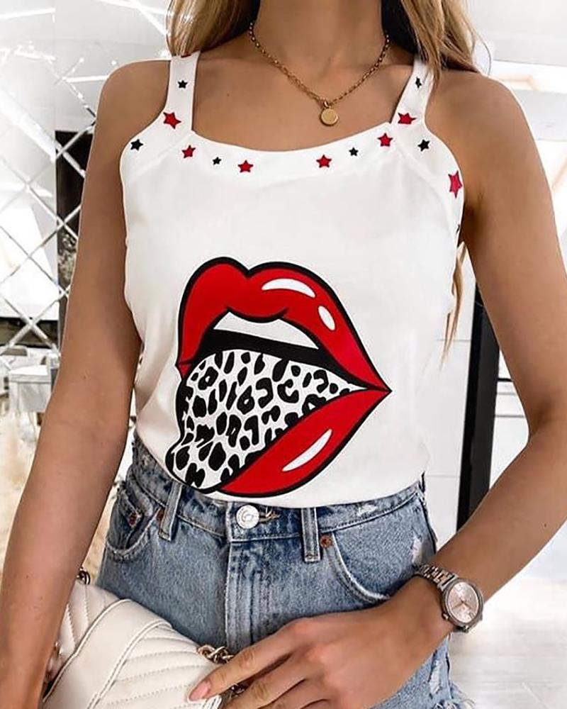 

Star Lip Leopard Print Tank Top, White