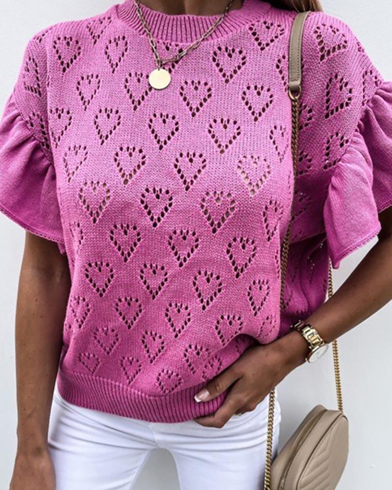 

Heart Pattern Hollow Out Ruffles Hem Short Sleeve Top, Hot pink