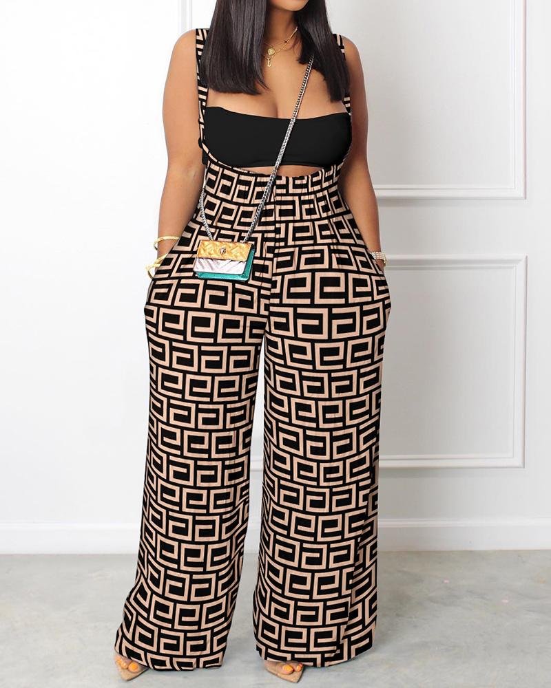 

Geometric Print Wide Leg Suspender Jumpsuit, Brown