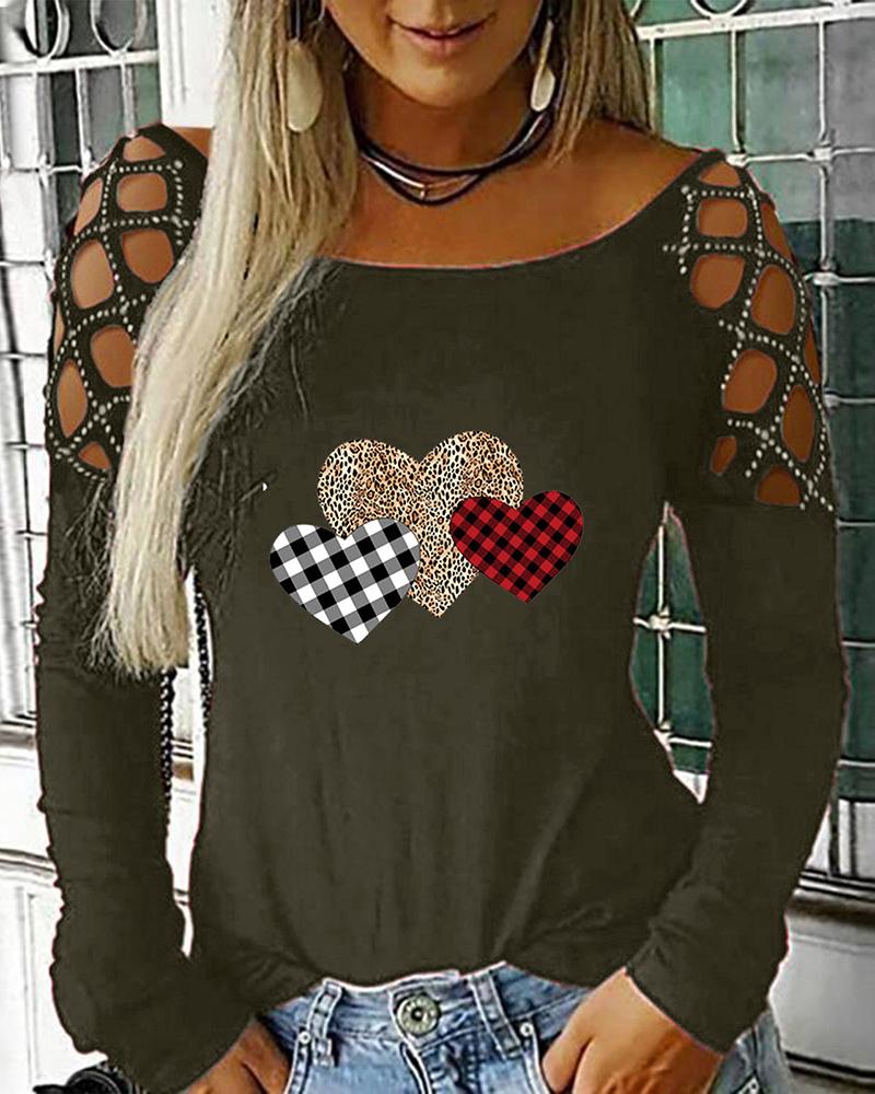 

Rhinestone Hollow-Out Heart Plaid Leopard Print Top, Army green