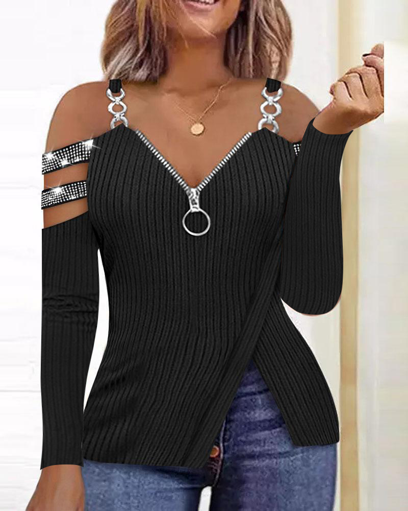 

Cold Shoulder Chain Decor Rhinestone Top, Black