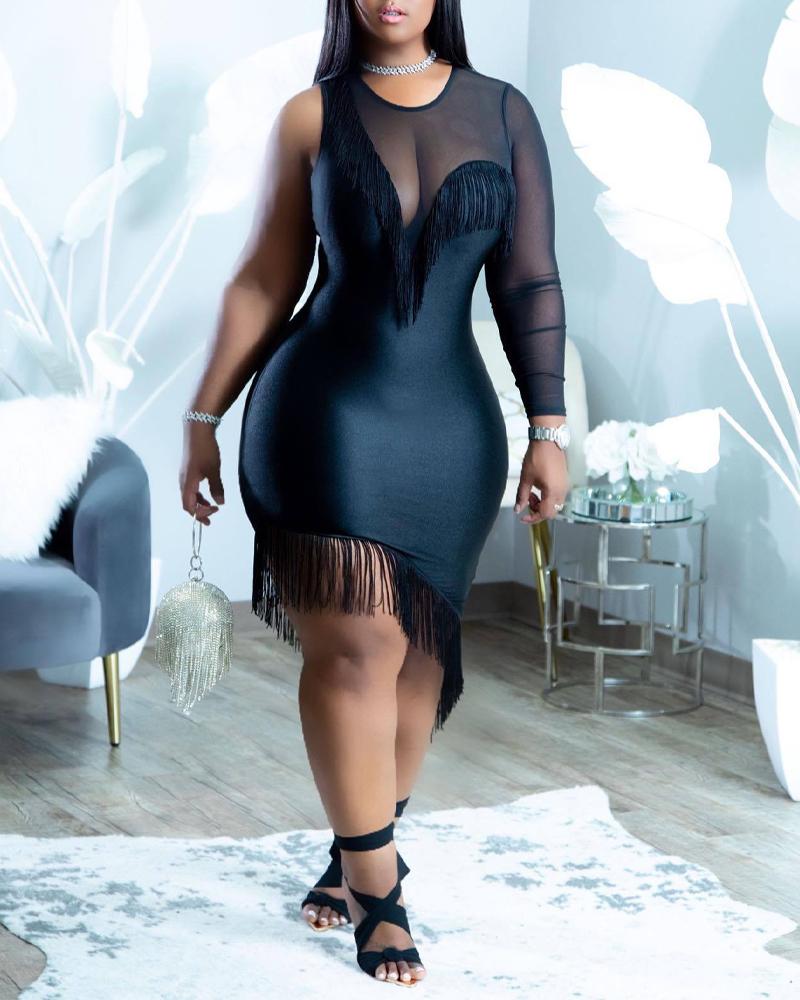 

Plus Size Contrast Mesh Tassel Trim Party Dress, Black