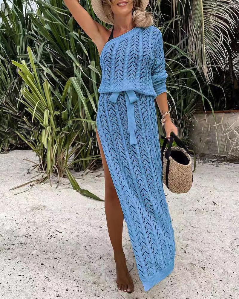 

One Shoulder High Slit Hollow Out Crochet Cover Up Beach Dress, Lighted blue