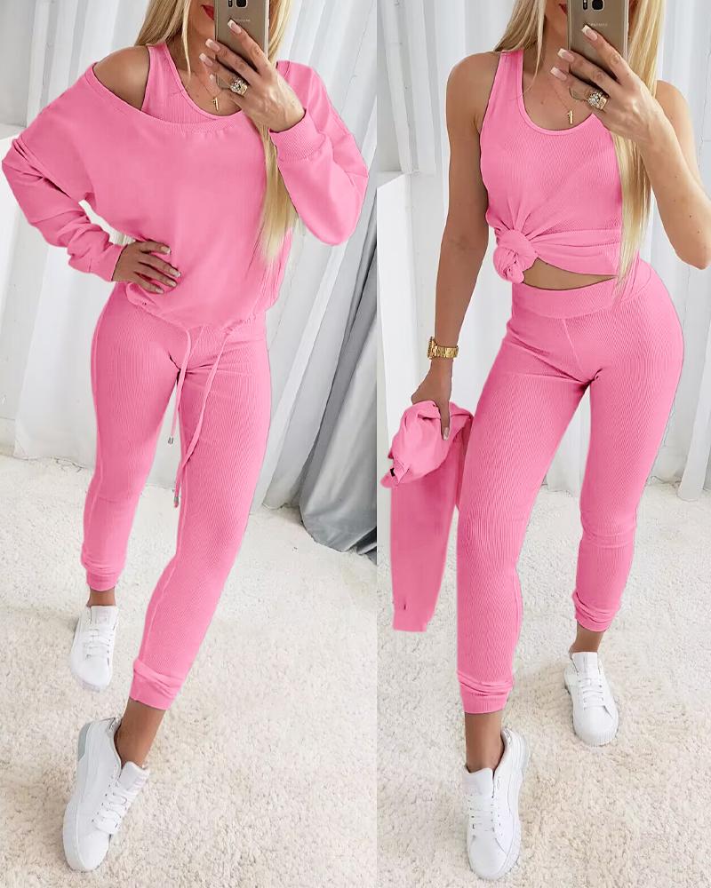 

3PCS/Set Ribbed Tank Top & Skinny Pants With Skew Neck Drawstring Hem Top, Pink