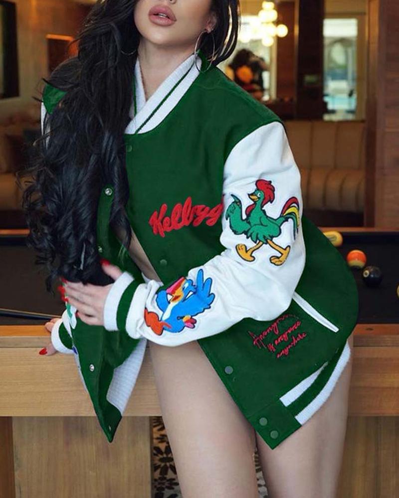 

Cartoon Letter Embroidery Colorblock Baseball Jacket, Green