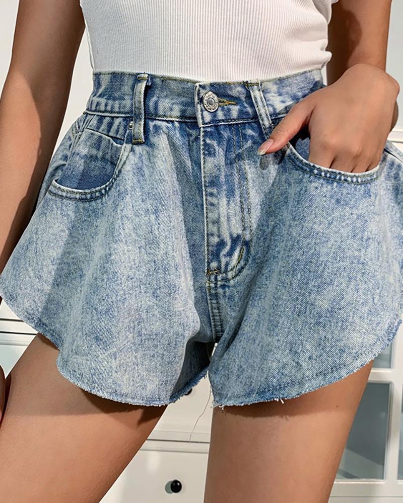 

High Waist Wide Leg Irregular Denim Shorts, Blue