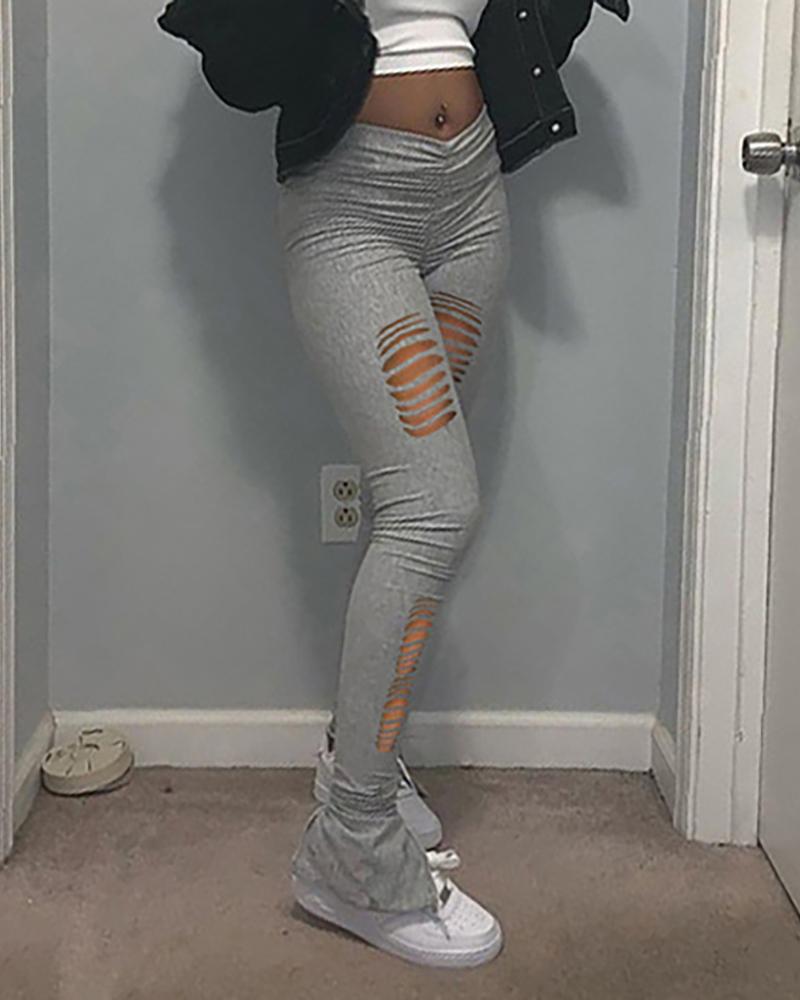 

Plain Cutout Ruched High Waist Pants, Gray
