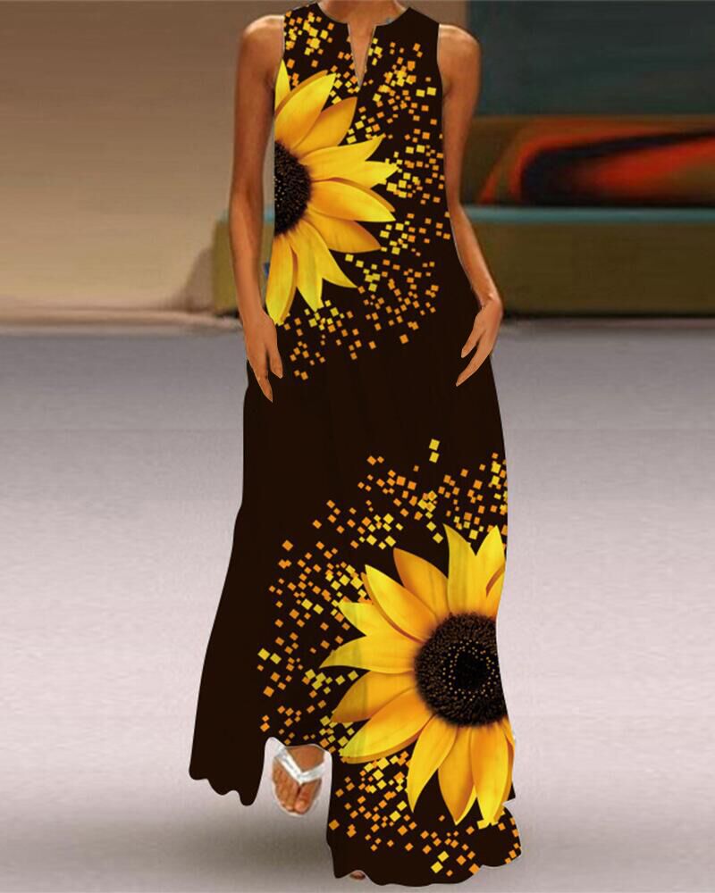 

Sunflower Print Sleeveless Maxi Dress, Yellow